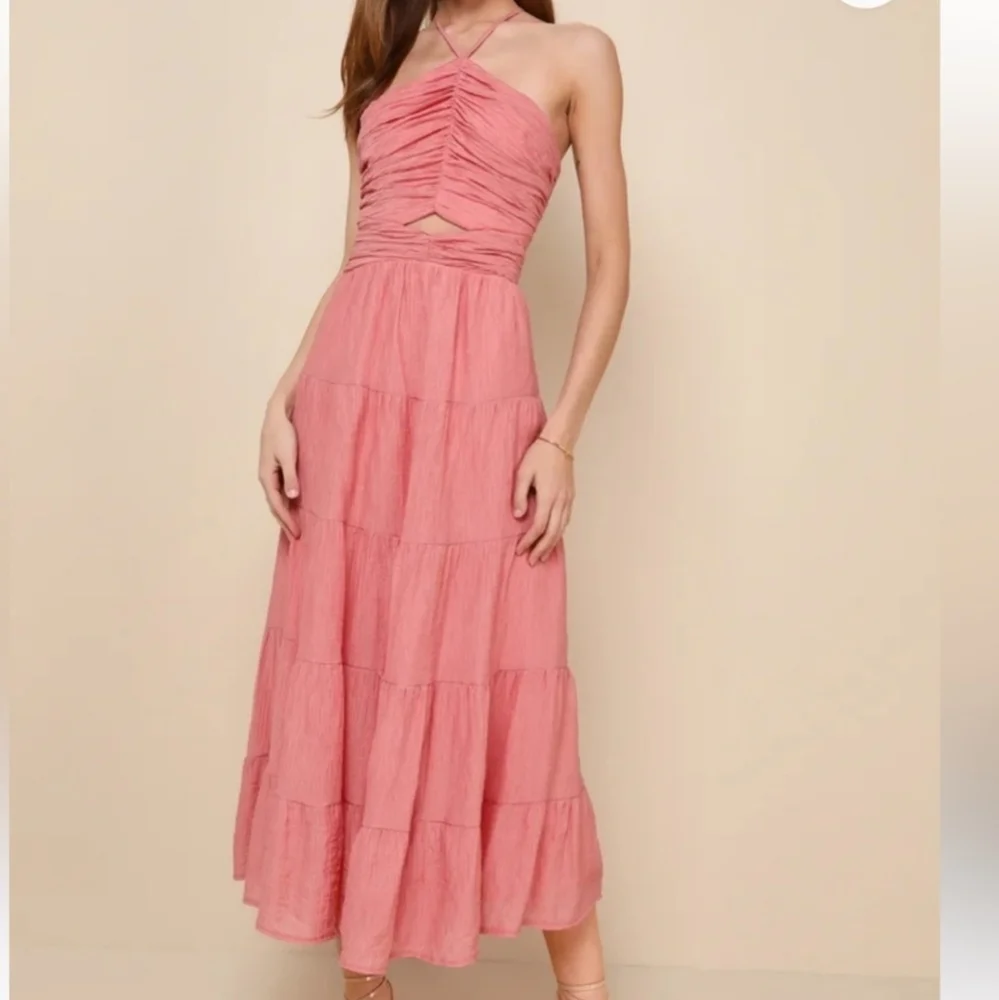 LULUS Effortless Sweetness Rusty Rose Ruched Lace-Up Tiered Midi Dress Sz XL - Picture 14 of 14